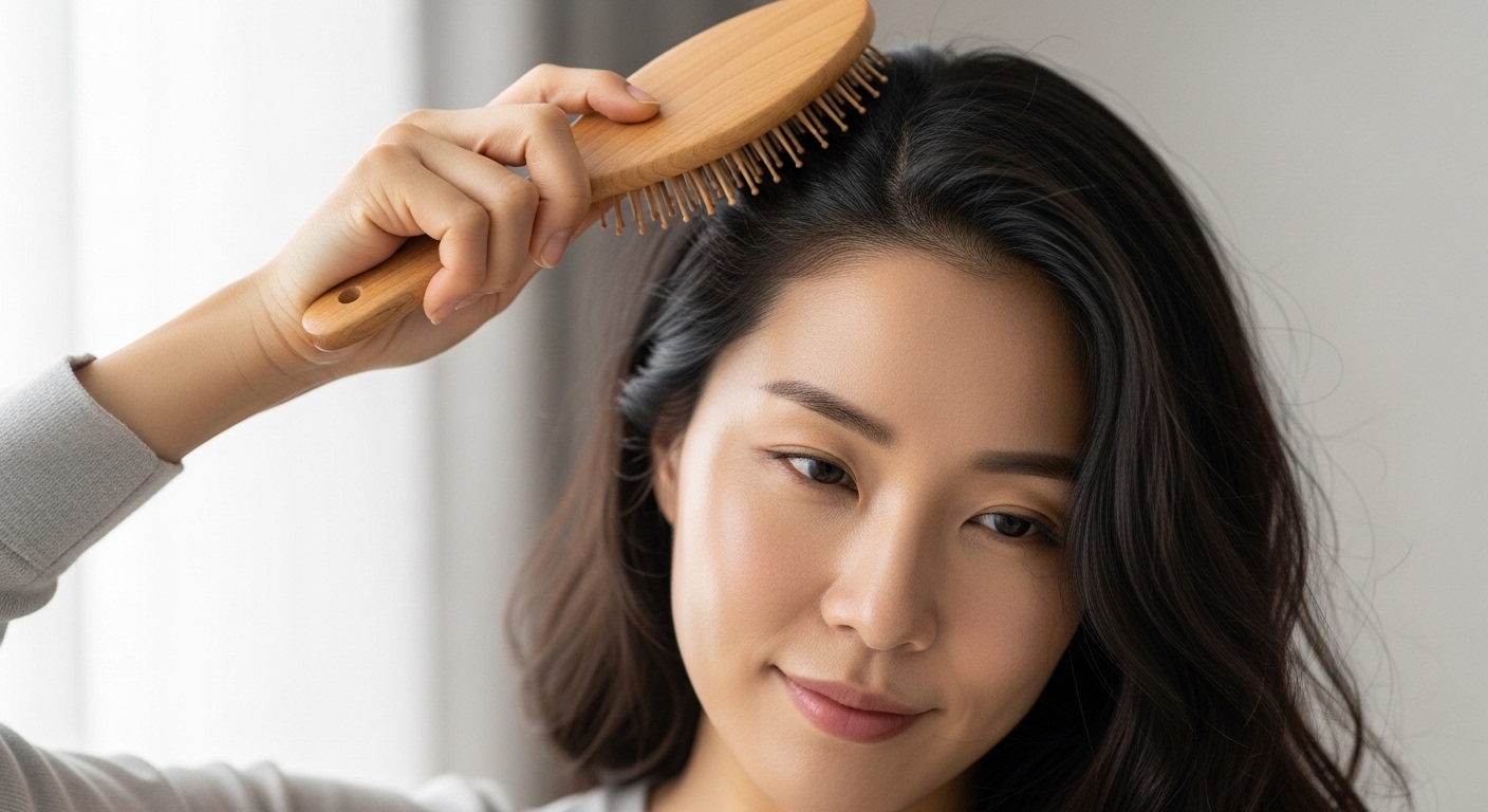 헤어브러시로 두피를 두드리는 여성, 탈모를 유발할 수 있는 잘못된 두피 관리 습관